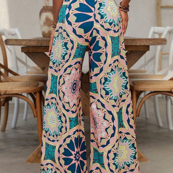 Multicolor Boho Women's Floral Print High Waist Wide Leg Casual Pants - Picture 3 of 6